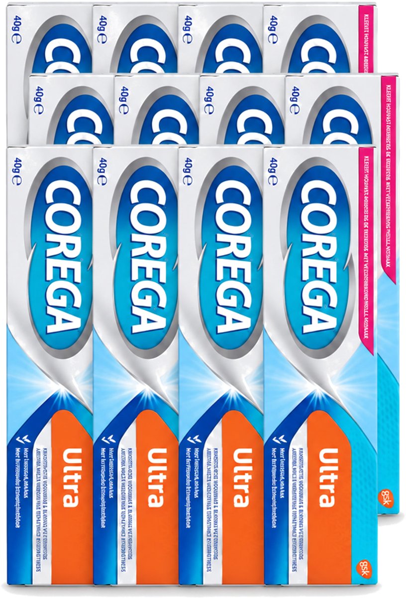 12 x Corega Ultra Kleefcrème - Krachtig Houvast & Bescherming - Met Verfrissende Mintsmaak - 40g - Voordeelverpakking - 12 stuks