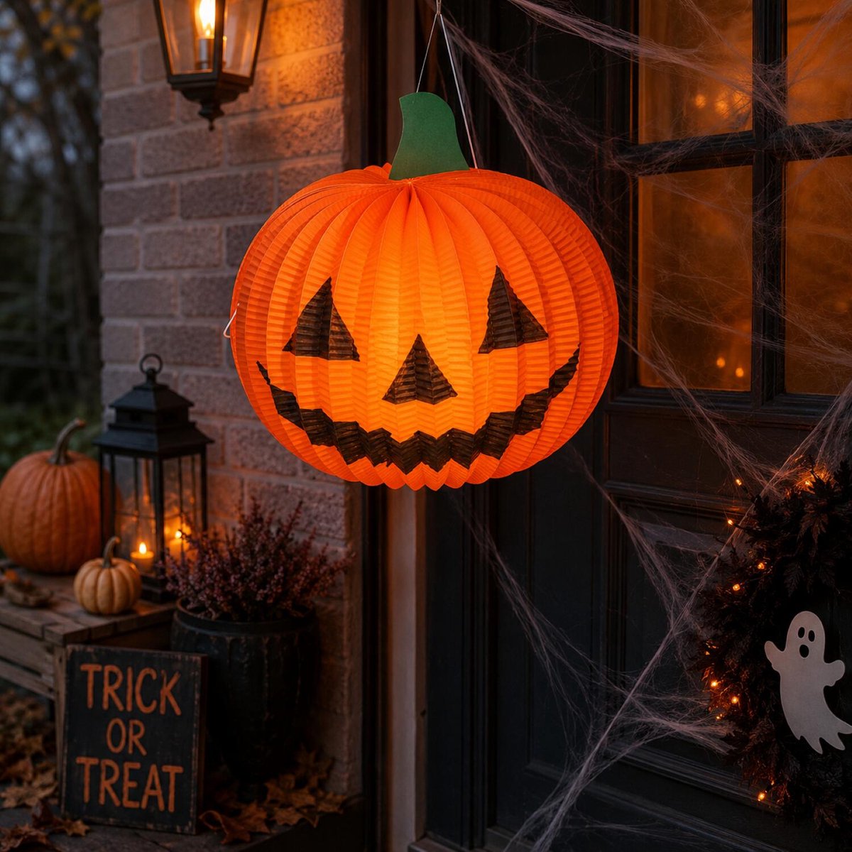 Arti Casa Pompoen Lantaarn - Halloween Decoratie - Diameter 25 cm - Gemaakt van Papier en Polyester - Geschikt voor Gebruik Binnen en Buiten - Oranje met Zwart Gezicht - Sfeervolle Herfstverlichting — cadeau in Wonen & Interieur - foto 2