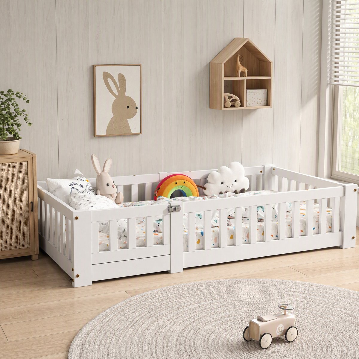 Yelenaro 80 x 160 cm Kinderbed vloerbed, Montessori-bed met veiligheidshek en lattenbodem, Eenpersoonsbed voor tieners, Massief hout, Wit