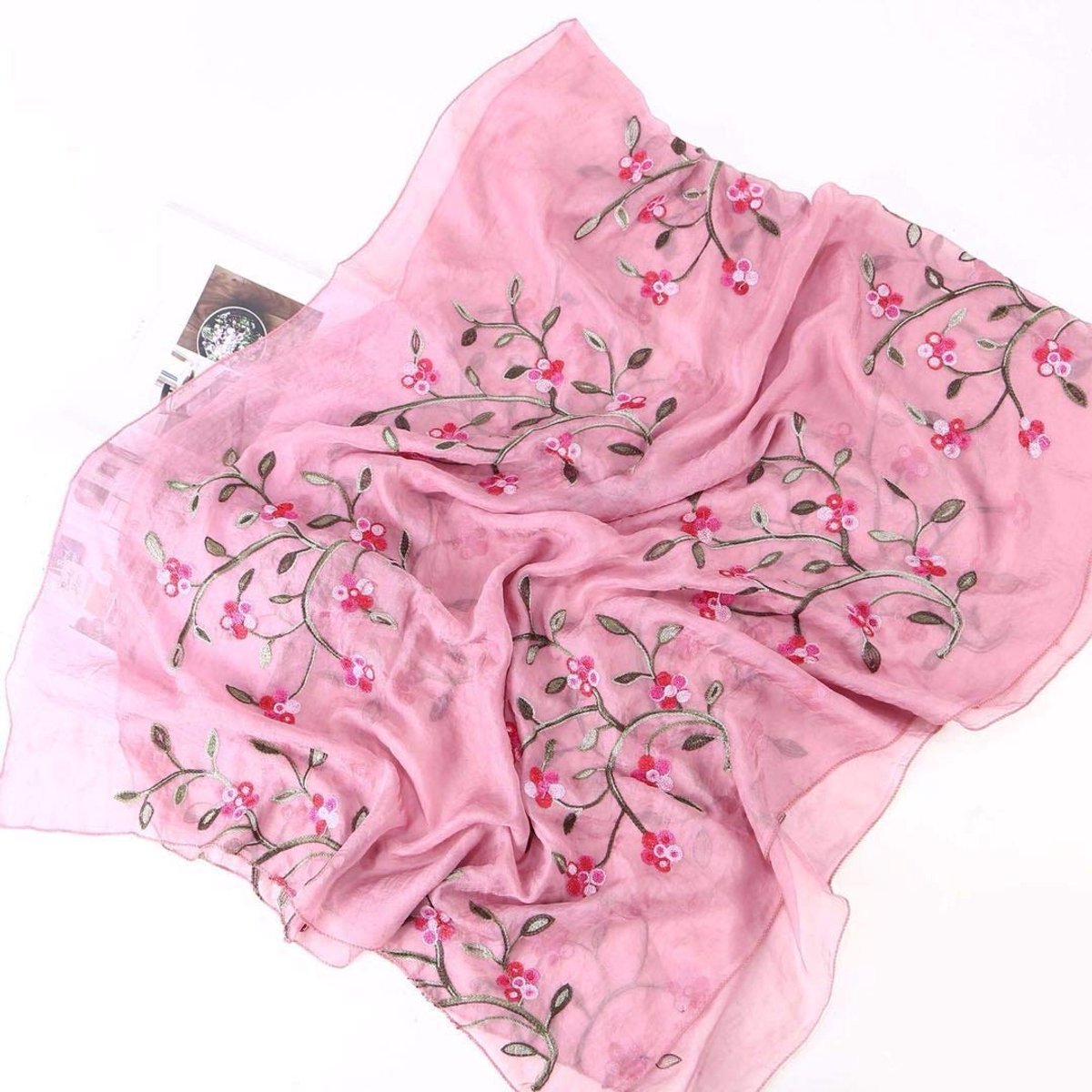 Dames Foulard Geborduurd Met Bloemen Zijden Sjaal Elegante Retro Design Sjaal Halsstola (roze) - ShopVlot