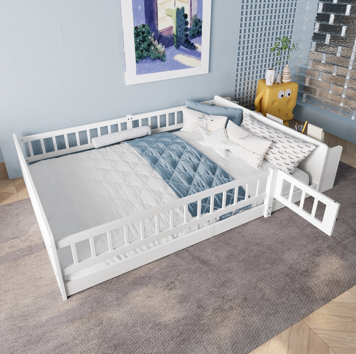 WUVRIE Kinderbed 140x200 cm met open opbergruimte, veiligheidshek en deur, wit