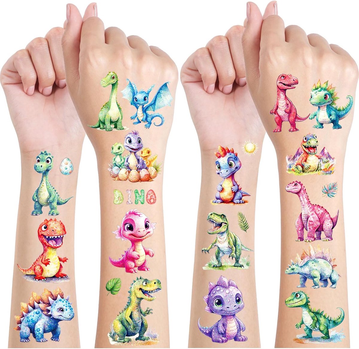 Glitter Tattoo Set, 12 Vellen Dino Tijdelijke Tatoeages voor Kinderen, Waterdichte Nep Tatoegeringsreeks Met, Temporary Tattoo, Tatoeagestickers voor Gongens en Meisjes
