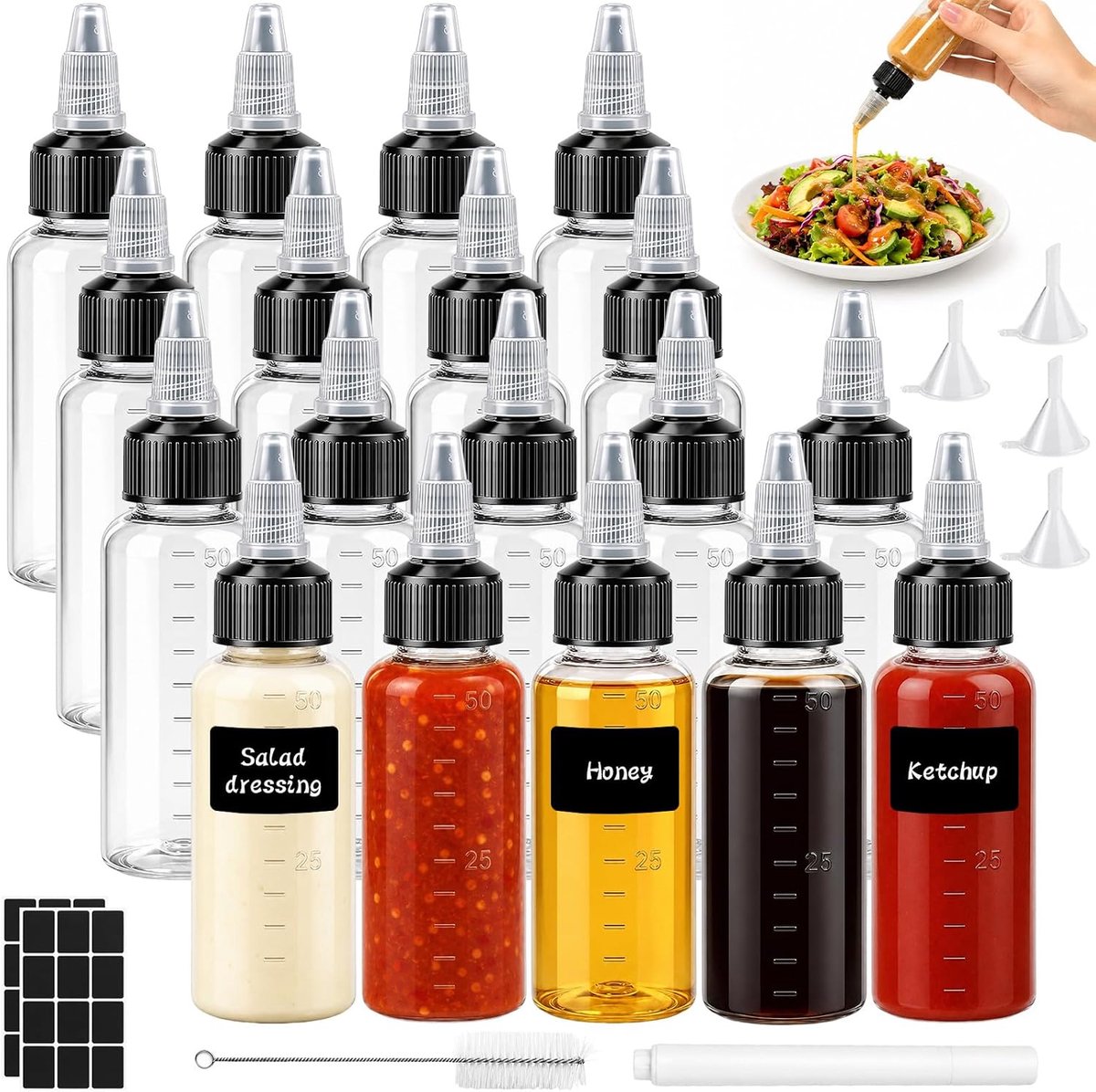 18 Stuks 50ml Knijpflessen met 8 Accessoires, Kleine Sausflessen - ShopVlot