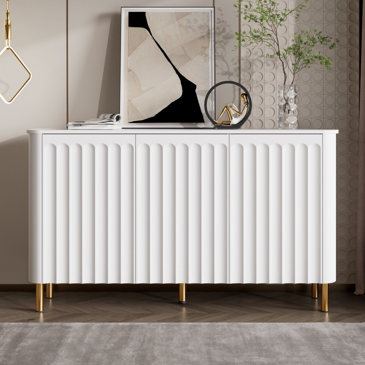 MIVRAY Dressoir - Greeploos Met Driedimensionaal Reliëf - Opbergruimte Voor Woonkamer En Hal - MDF En Metaal - 135x36x78 Cm - Wit