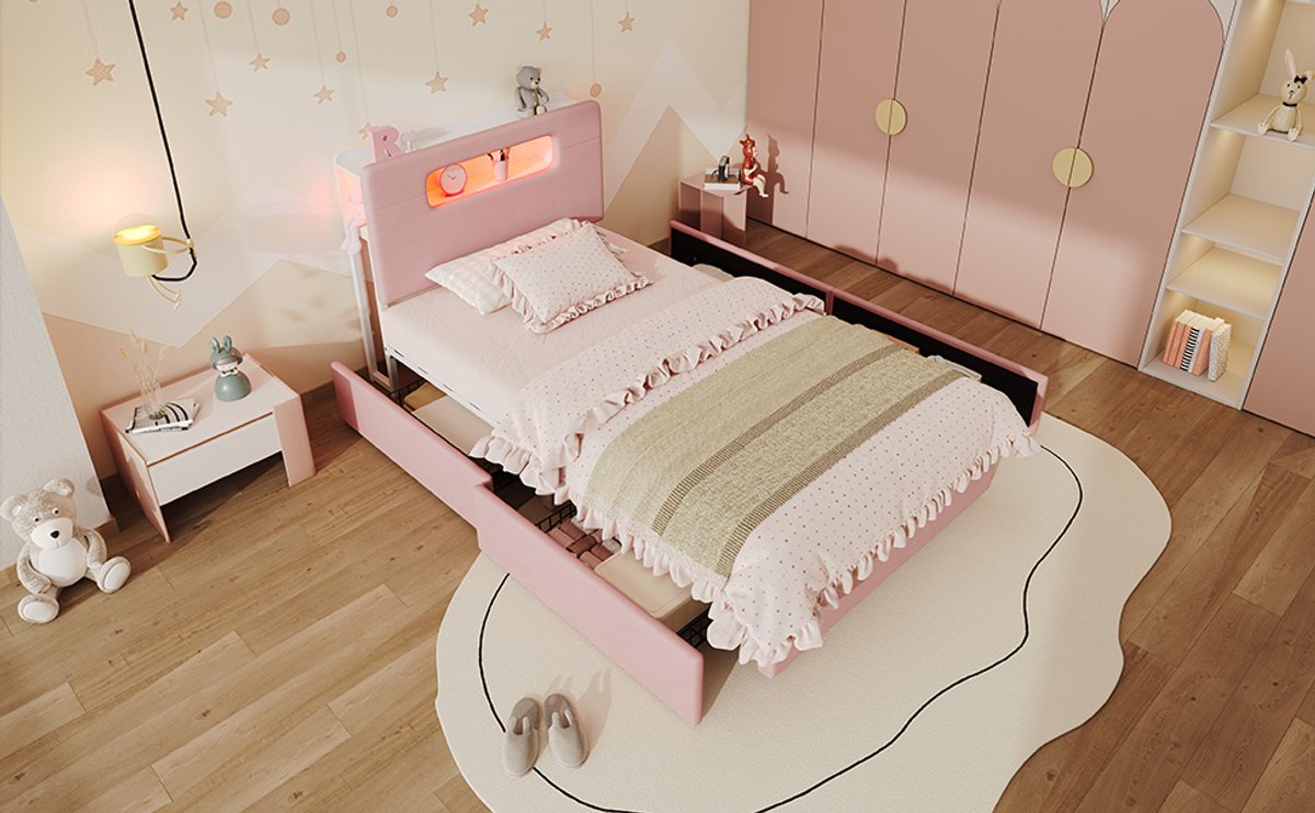 OKWISH Kinderbed 90x200 cm - Gestoffeerd Bed Met Vier Lades En Open Opberghoofdbord - Ledverlichting Via App - Zonder Matras - Roze