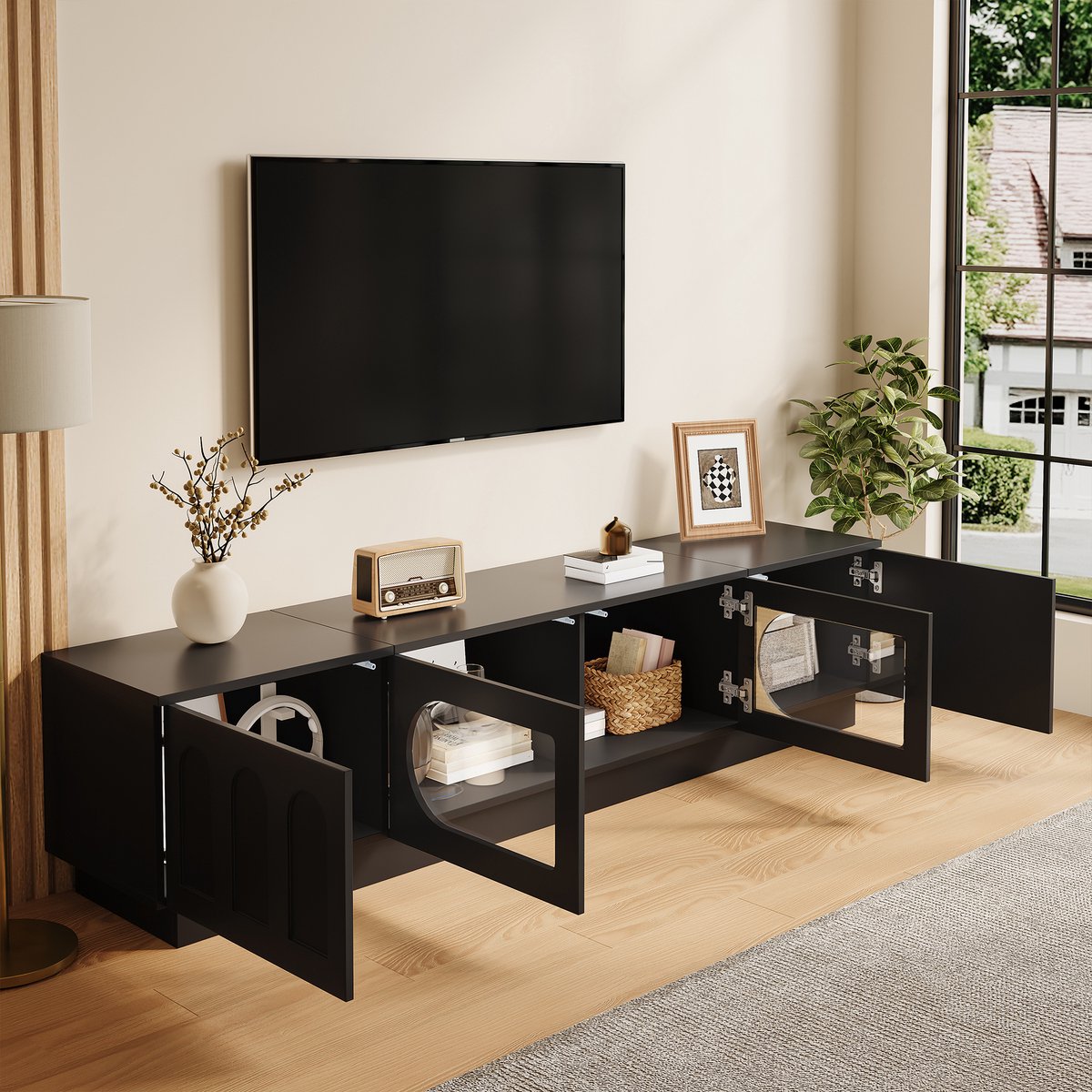MIVRAY Tv Kast - Ledverlichting Met Appbediening En Glazen Deuren - Voor Woonkamer - MDF En Spaanplaat - 200x40x42 Cm - Zwart