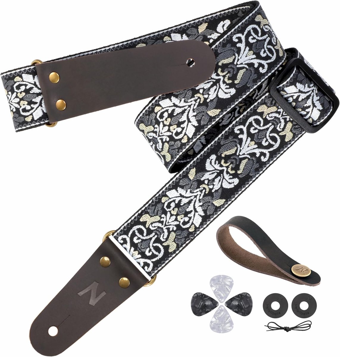 Nefelibata Guitar Belt, 5 cm Jacquard Embroidery Full Grain Leather Ends with Invisible Bag for Bass, Electric - ShopVlot