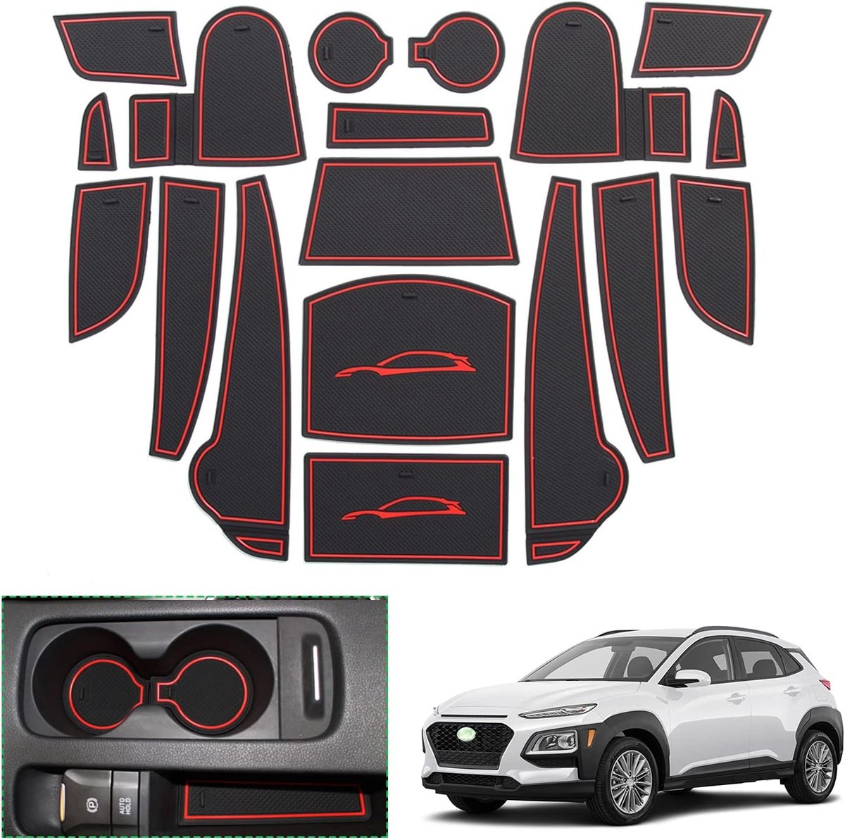 GAFAT 2017-2021 Hyunda-i Kona/Kona Hybrid Rubber Non-Slip Mat for Center Console Armrest, Cup Holder, Door Groove [Not - ShopVlot