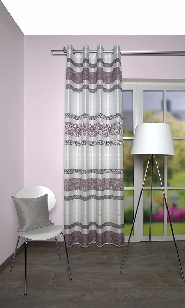 BB-Toy-Trades Ready-to-use eyelet curtain, window curtain, striped, 1 piece, opaque, cross stripes, 140 x 245 cm, mauve - ShopVlot