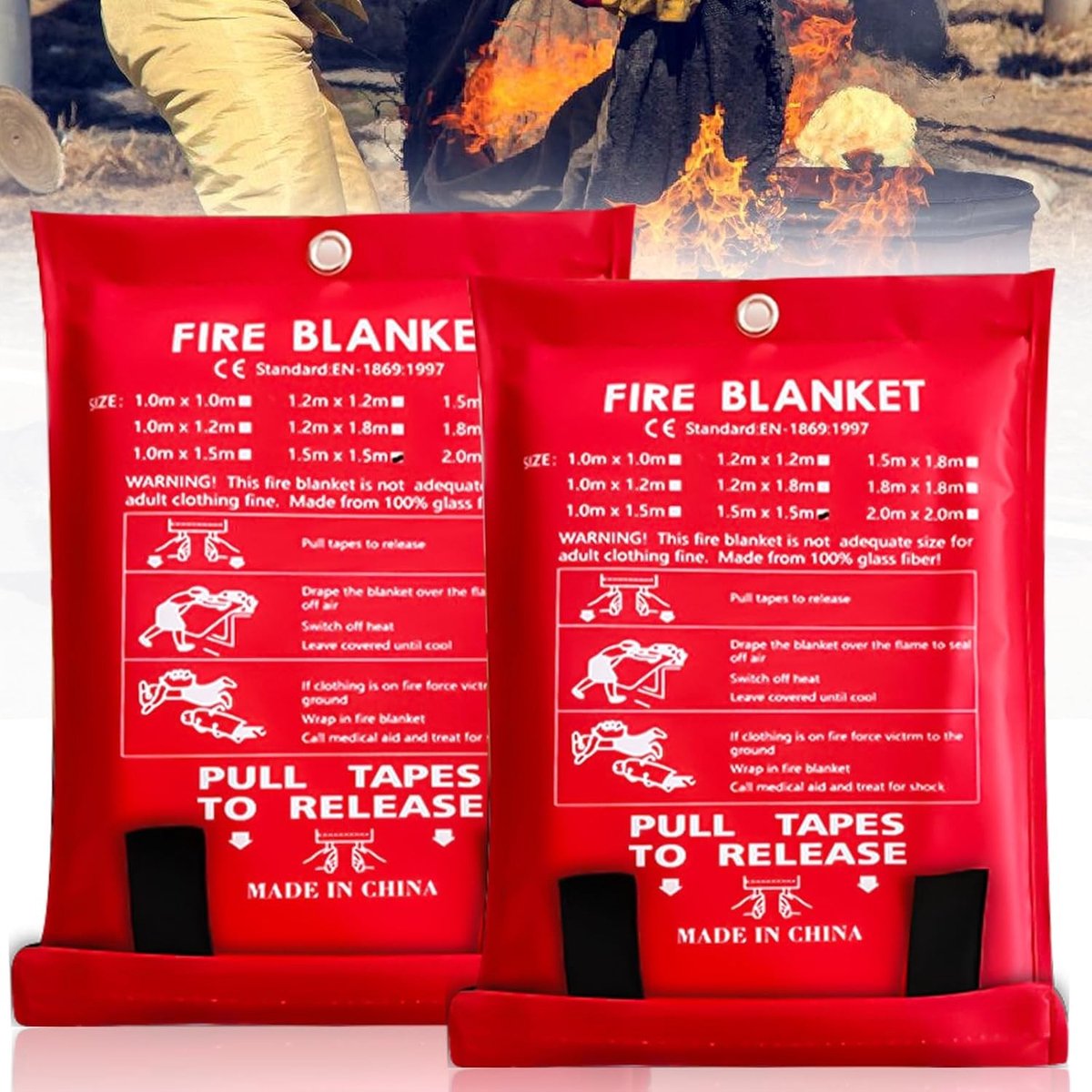 2 Stuks Vuurwerende Dekens 150 x 150 cm, Brandblusdeken van Glasvezeldoek voor Keuken, Openhaard en Kamperen, Veiligheid en Bescherming bij Brand