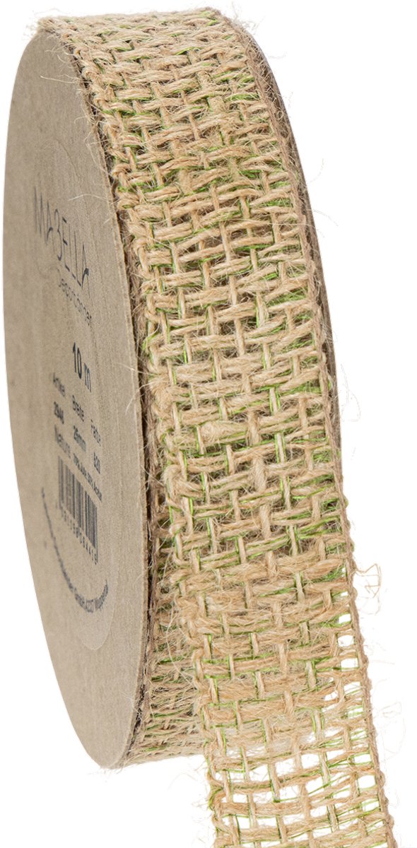 Groen decoratief lint van jute, naturel, 25 mm breed, 10 m lang