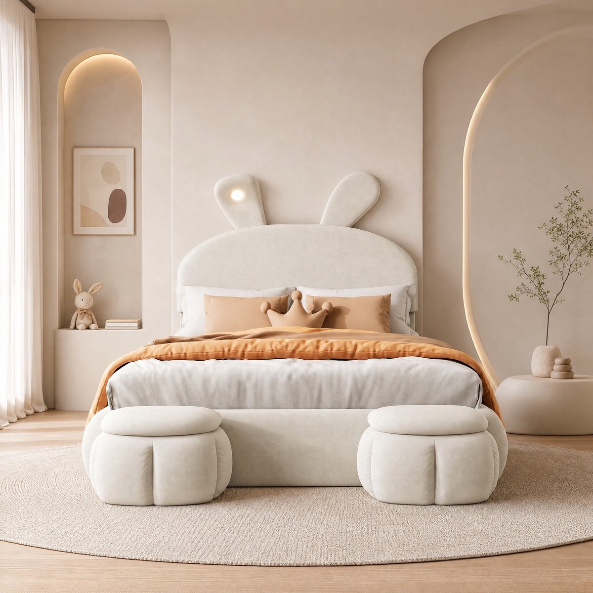 WUVRIE Tweepersoons opbergbed 140x200 cm met LED, konijnenoren en 2 opberghockers, beige