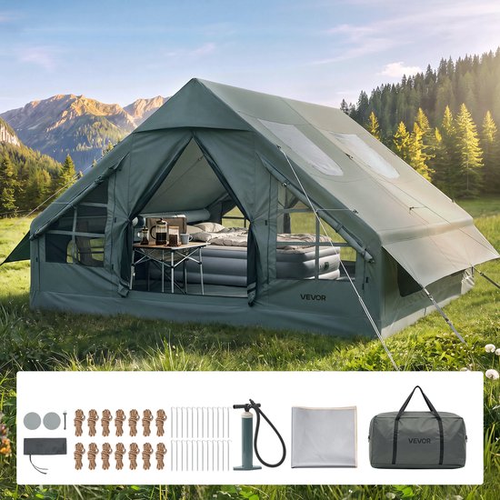 Groene VEVOR familietent in een veld, met een open entree, bed en tafel binnen. Onderin: onderdelen en draagtas.