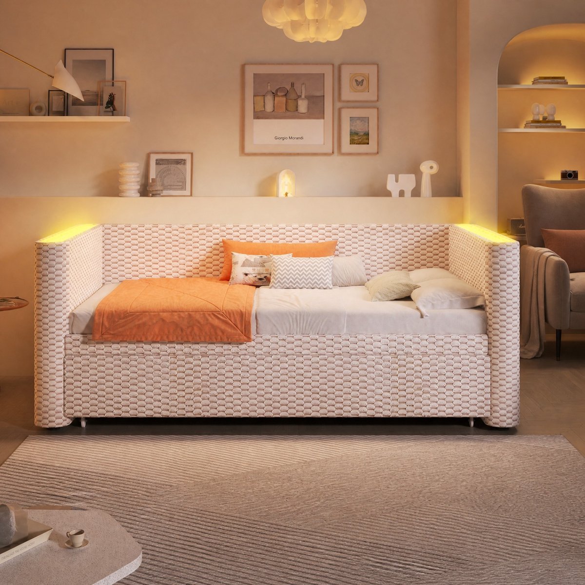WUVRIE Slaapbank 90 x 200 cm, uitschuifbaar tot 180 x 200 cm met LED-verlichting en lattenbodem, beige