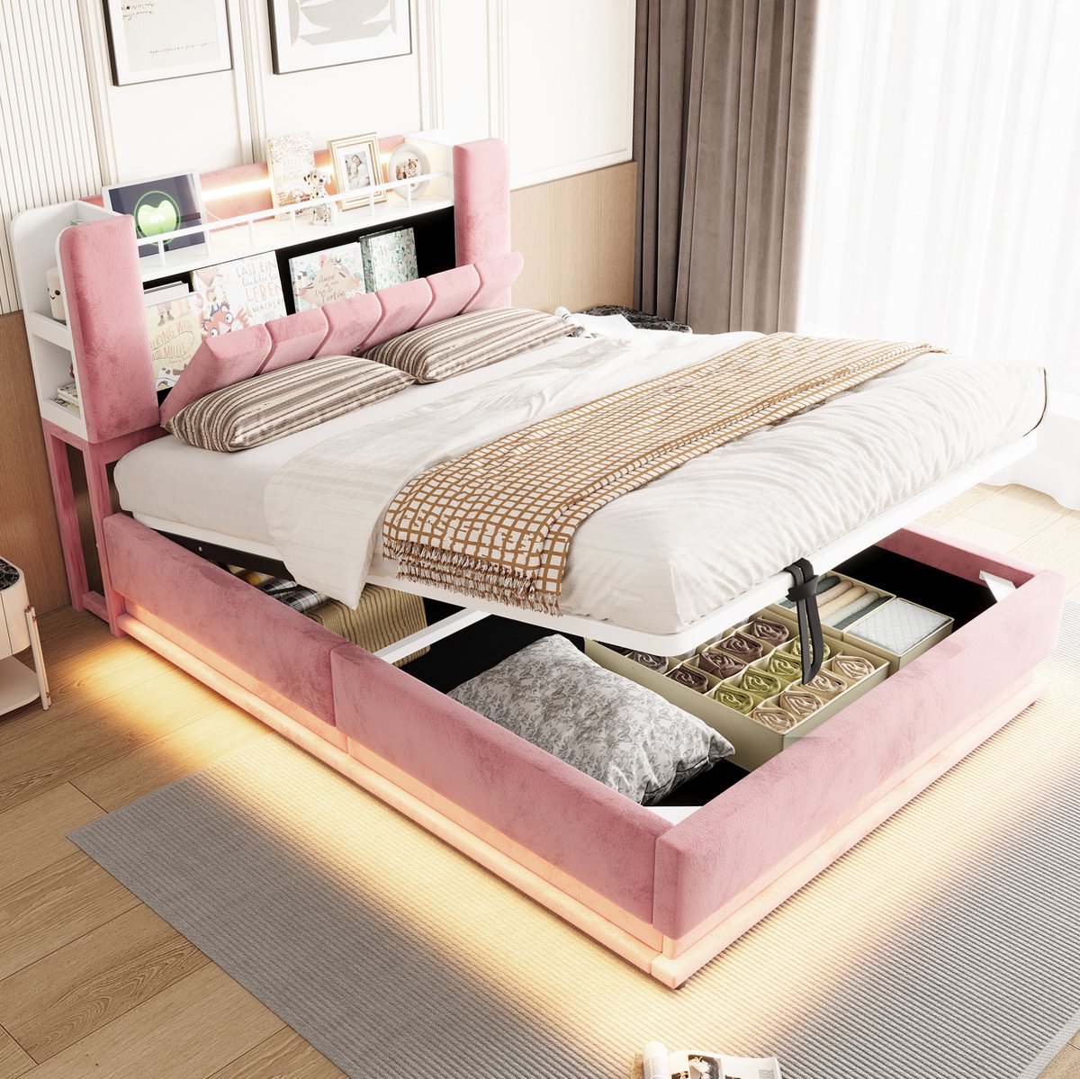 MIVRAY Gestoffeerd Bed 140x200 cm - Met Ledverlichting USB en Hydraulische Opbergruimte - Zonder Matras - Metaal - Roze