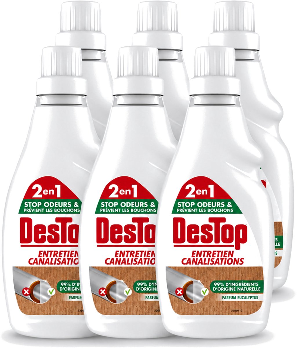6 x DesTop - Onderhoud Leidingen - Ecologisch met Witte Azijn - Natuurlijke Ingrediënten - Eucalyptusgeur - 750 ml - Voordeelverpakking - 6 stuks