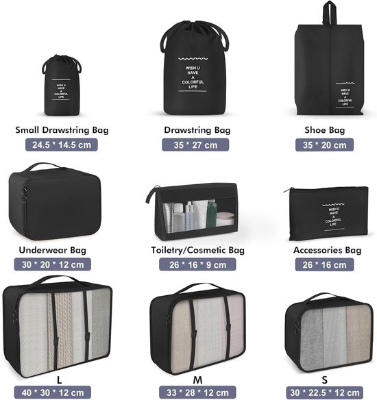 Organizers voor Koffers, 9-delige Set Inpak Cubes, Compressie Tassen voor Backpack, Reisaccessoires voor Kleding en Schoenenopslag — afbeelding 3