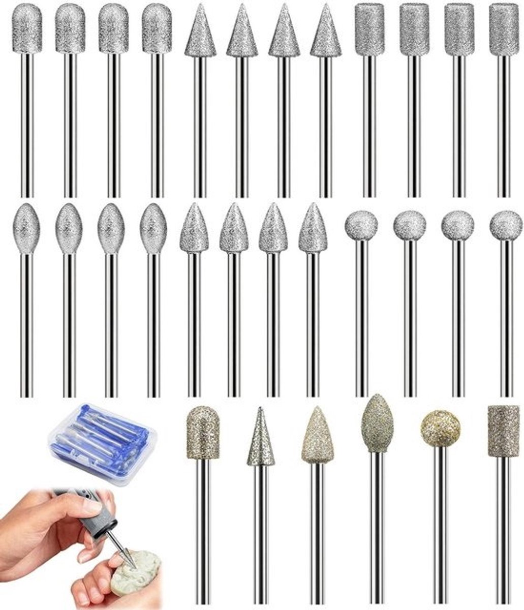 Diamantfrees - Set slijpbits en boren - Precisiebewerking - 2 korrelgroottes - 26 stuks - Zilver en goud