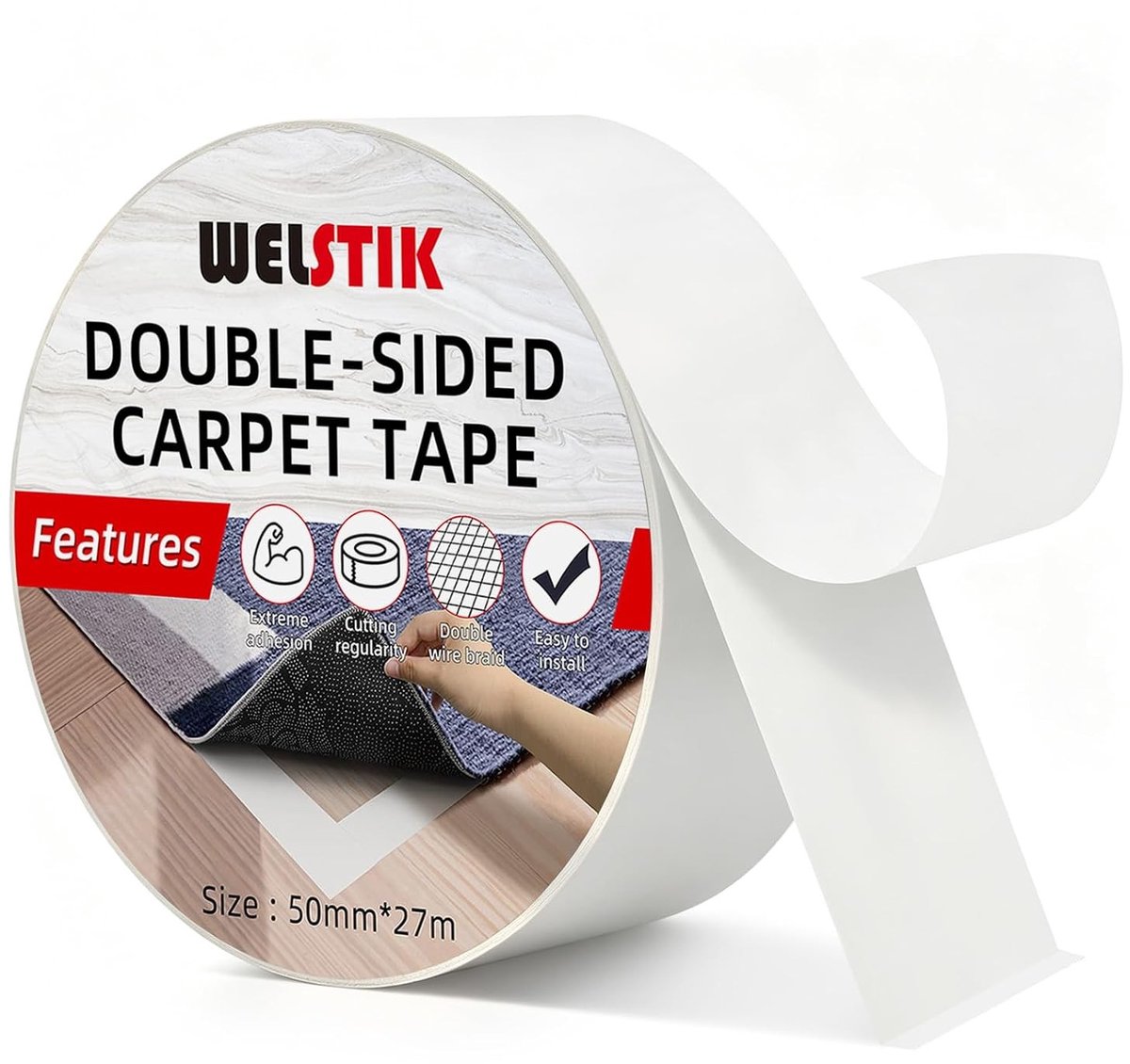 Doppelseitige tape voor tapijten - Sterk klevend, afneembaar en zonder resten, 50mm x 27m, ideaal voor vloerbedekking en meubels