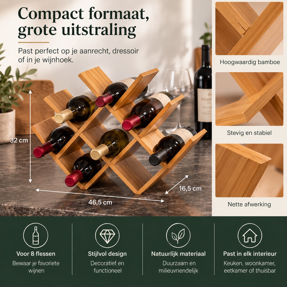 Bamboe Wijnrek voor 8 Flessen – Houten Flessenrek – Wijnflessenhouder – Vrijstaand Wijnrek – 46,5 x 32 x 16,5 cm – Bruin — cadeau in Wonen & Interieur - foto 2
