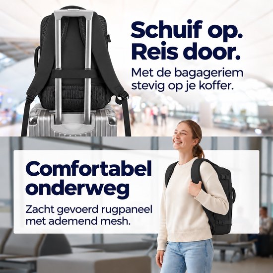 Zwarte reistas op koffer en vrouw draagt hem met zacht rugpaneel. Comfortabel en praktisch onderweg.