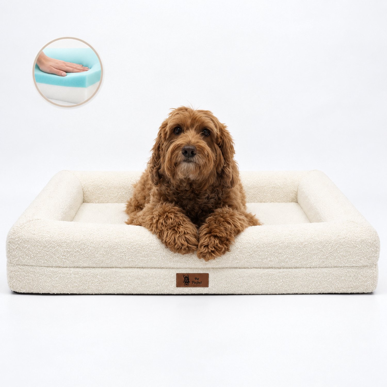 Pet Perfect BonoBed Orthopedische Hondenmand - Memory Foam - Wasbaar Hondenbed - Verhoogde Rand - Waterafstotende Binnenhoes - 91x69 cm - L - Bouclé Beige