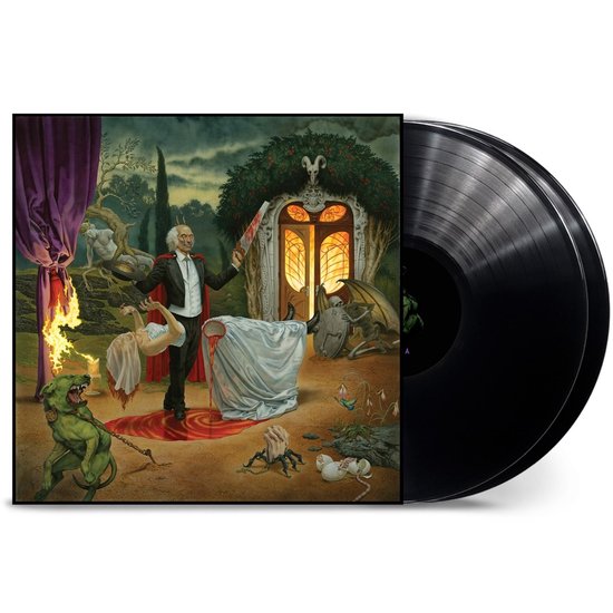 Vinylplaat van Anthrax met surrealistisch schilderij van een magiër, een zwevende bruid en een groene hond met vuur.