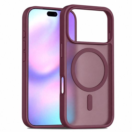 Coque de téléphone MagSafe rouge foncé avec dos transparent et bords surélevés.