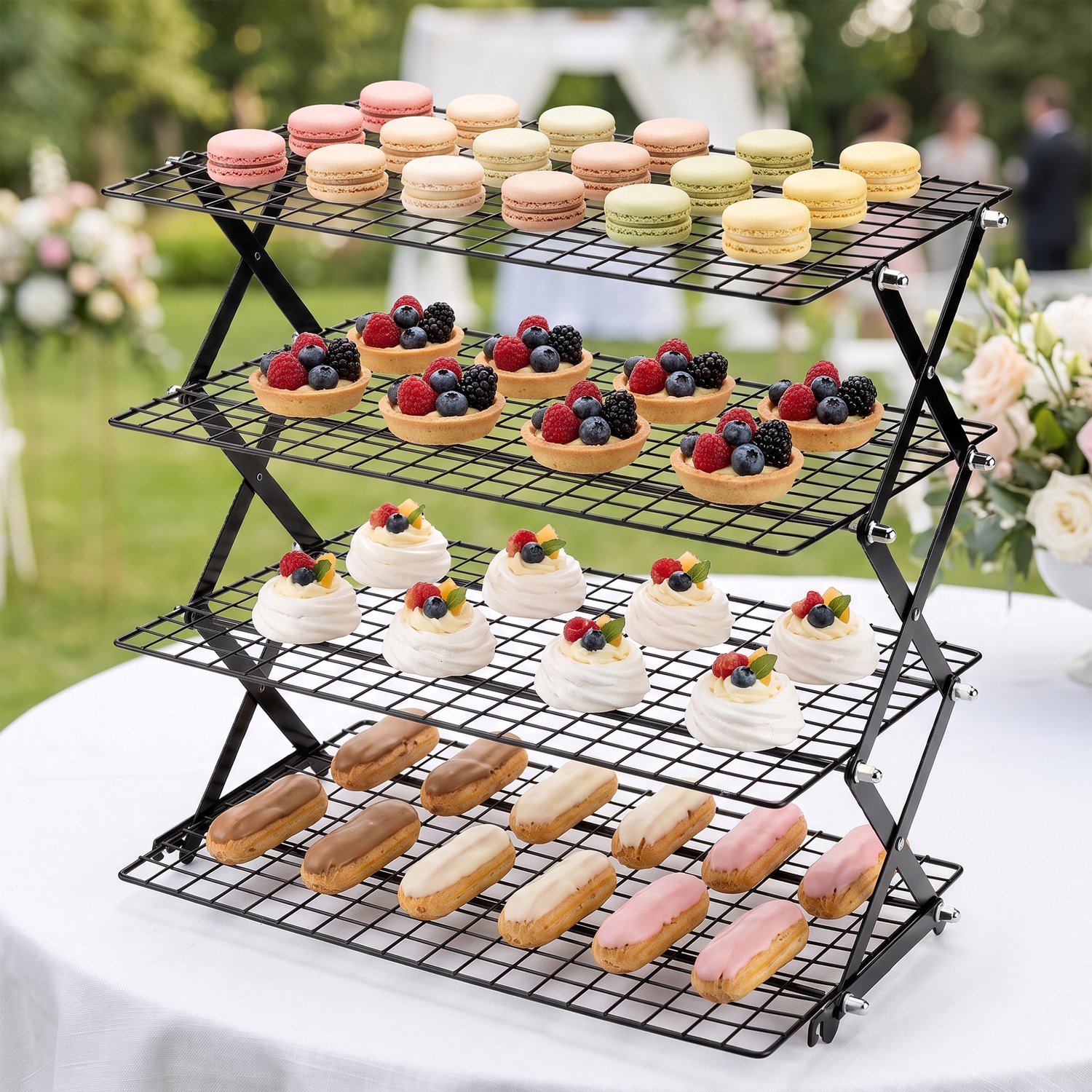 Opvouwbaar afkoelrek – Stapelbaar- 4-laags koelrooster - 43 x 25 cm per etage - 4 hoogtestanden - RVS met antiaanbaklaag - voor koekjes, brood en gebak Cakes - zwart