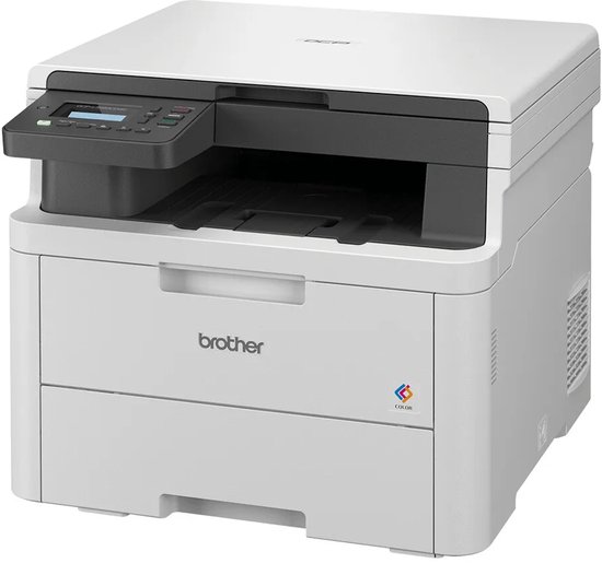 Witte Brother multifunctionele kleuren-ledprinter, diagonaal aanzicht van opzij.