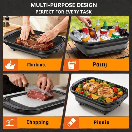 Inklapbare BBQ Prep Tub met Deksel - Snijplank & Marineerbak - Met Afvoerstop - Ruimtebesparend Camping Keukengerei Zwart — afbeelding 2