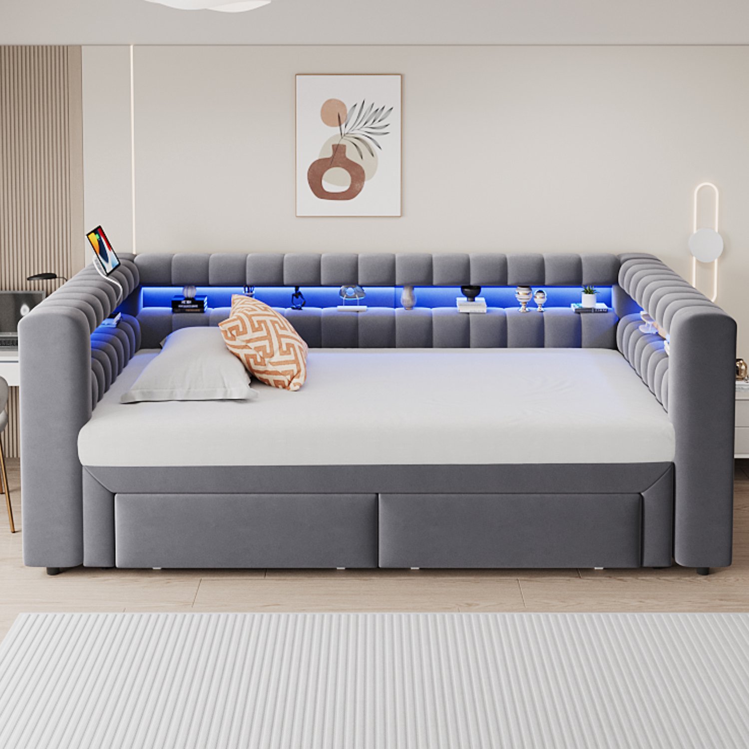 Merax 90x190 cm slaapbank - met uitschuifbaar bed en lade - met opbergvakken - LED-verlichting - USB- en Type-C-aansluiting - donkergrijs - zonder matras