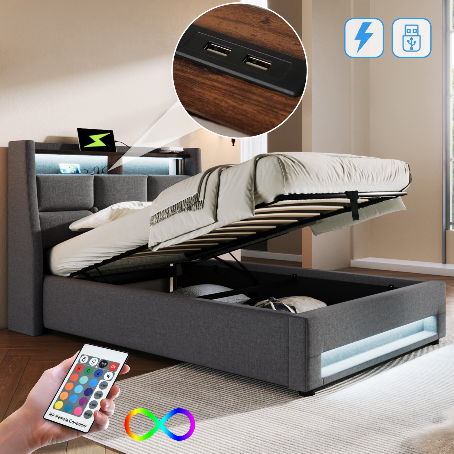 Gestoffeerd Eenpersoonsbed 90x200 cm - Bed Met LED-Verlichting En USB - Opbergruimte Met Gasveren - Grijs Linnen