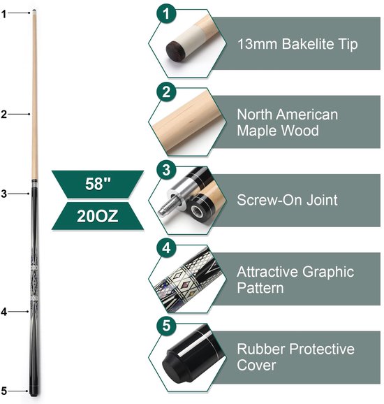 Poolkeu 13 mm Tip - Esdoorn Hout - Zwart - Biljartkeu - Voor Poolbiljart Spelers — afbeelding 5