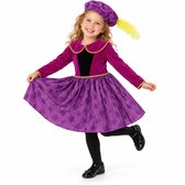 Cheqo® Pietenjurk Kind 3-4 Jaar - Paars met Sterren - Sinterklaas Verkleedkleding - Pieten Kostuum voor Kinderen - Pietenpak voor Meisjes - Verkleden als Piet - Verkleedjurk met Pietenmuts en Veer - Verkleedset - Pakjesavond en Intocht
