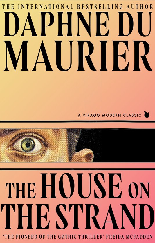 Boekomslag 'The House on the Strand' van Daphne du Maurier met een roze-oranje verloop en een oog in het midden.