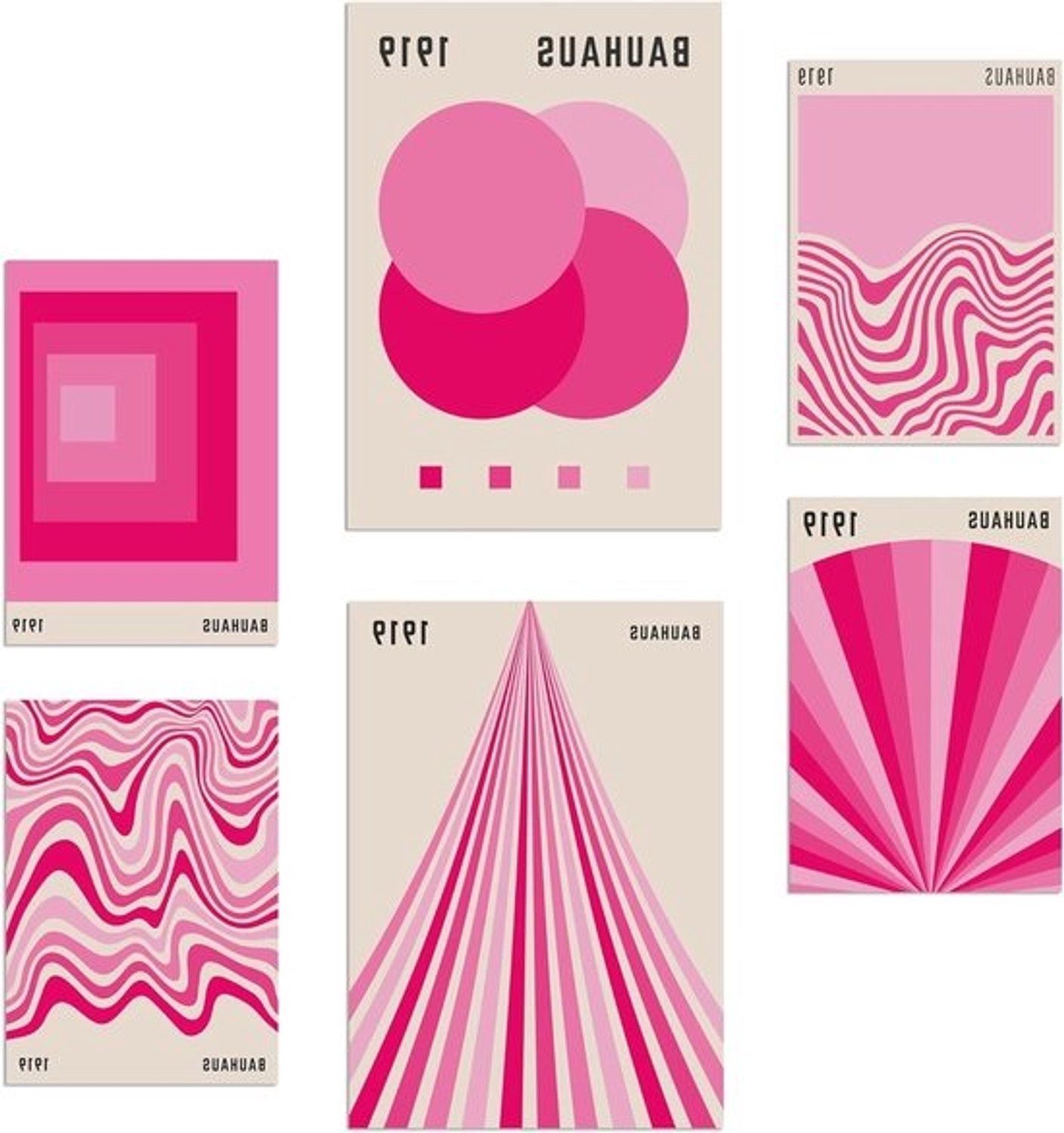 Geometrische posterset - Wanddecoratieprints - Huisdecoratie - Bauhausstijl - A3 en A4 - Roze fuchsia