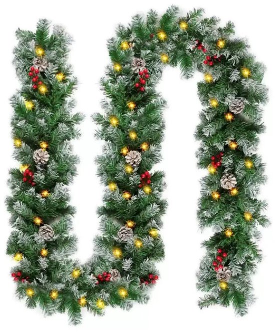 1 stuk – Kerstslinger – Besneeuwde deurdecoratie – Decoratieve slinger – Kerstdecoratie van 2,7 m – Voorzien van verlichting – Veelkleurig