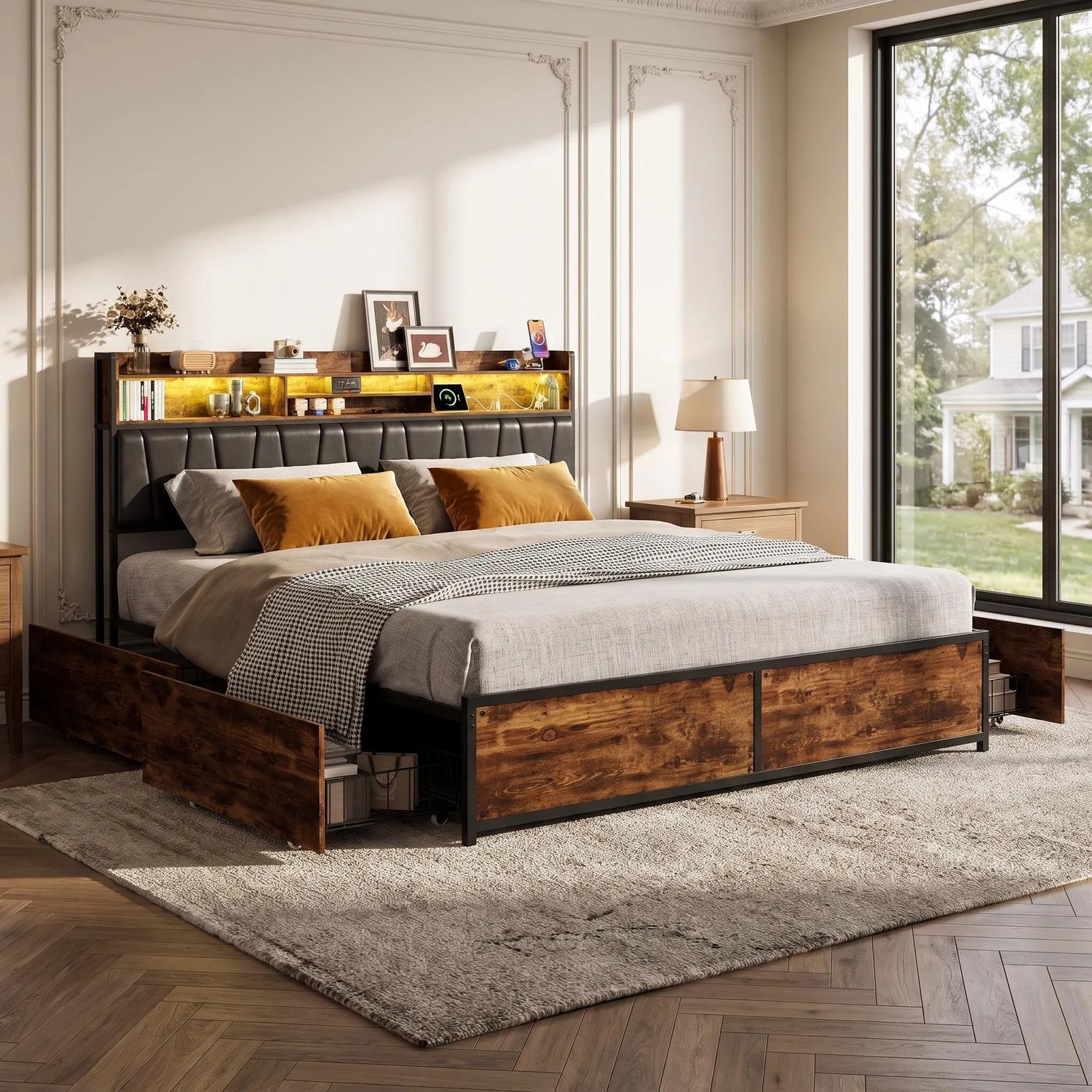 Gestoffeerd bed 180x200 cm met LED en USB, tweepersoonsbed met opbergruimte en lattenbodem,4 laden,bedframe met rugleuning voor jongerenbed, zonder matras,PU,zwart