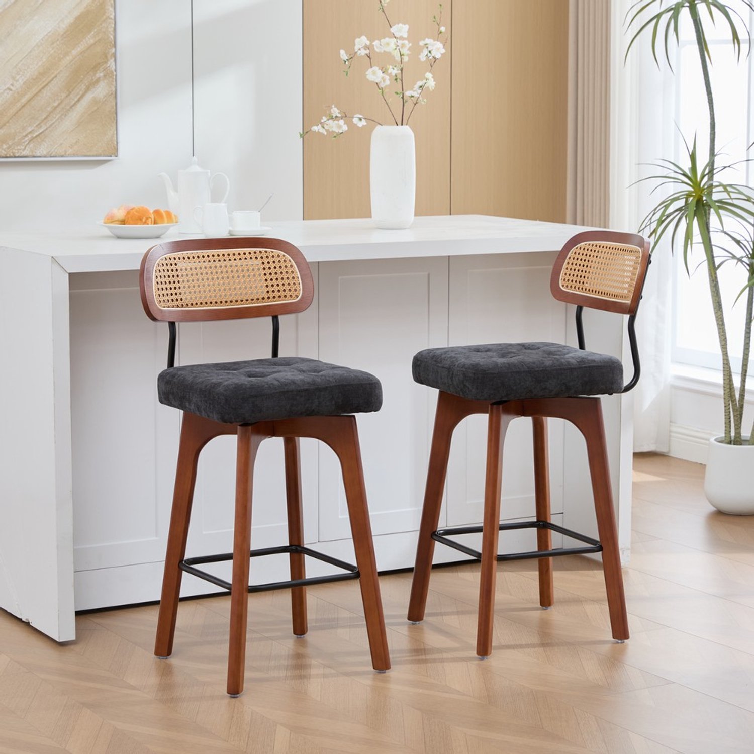 Pugsdrly Set van 2 om 360° draaibare barkrukken, keuken- en ontbijtbarkrukken met rugleuning, rugleuning van rotan met gestoffeerde zitting, barkrukken in moderne mid-century-stijl (zwart, chenille-stof)