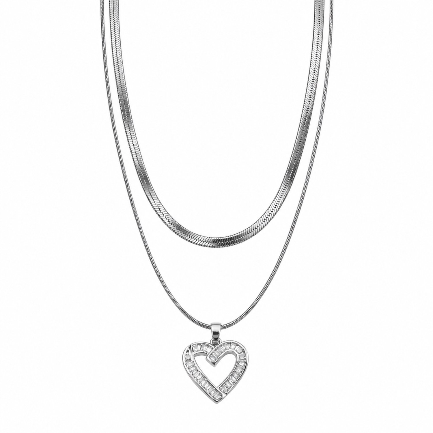 Engravia by Derya – 2-Laagse Hart Ketting Dames – Stainless Steel – Hart Hanger met Baguette Zirkonia – 45 cm – Zilverkleurig – Elegant Cadeau voor Haar