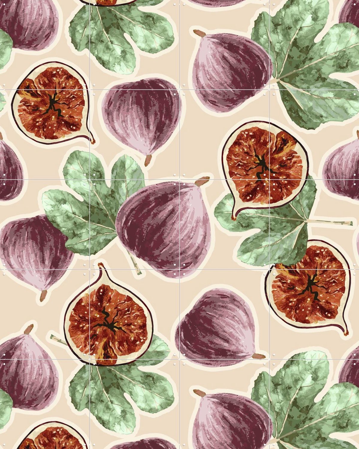 IXXI Mediterranean Fig Dreams, Palmartprints - 80 x 100 cm - Grote wanddecoratie en posters - Illustraties, Keuken, Eetkamer, Bladeren, Fruit Groen / Paars