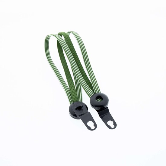 Groene elastische bagagespinner met witte strepen en zwarte bevestigingsklemmen voor kinderfietsen.