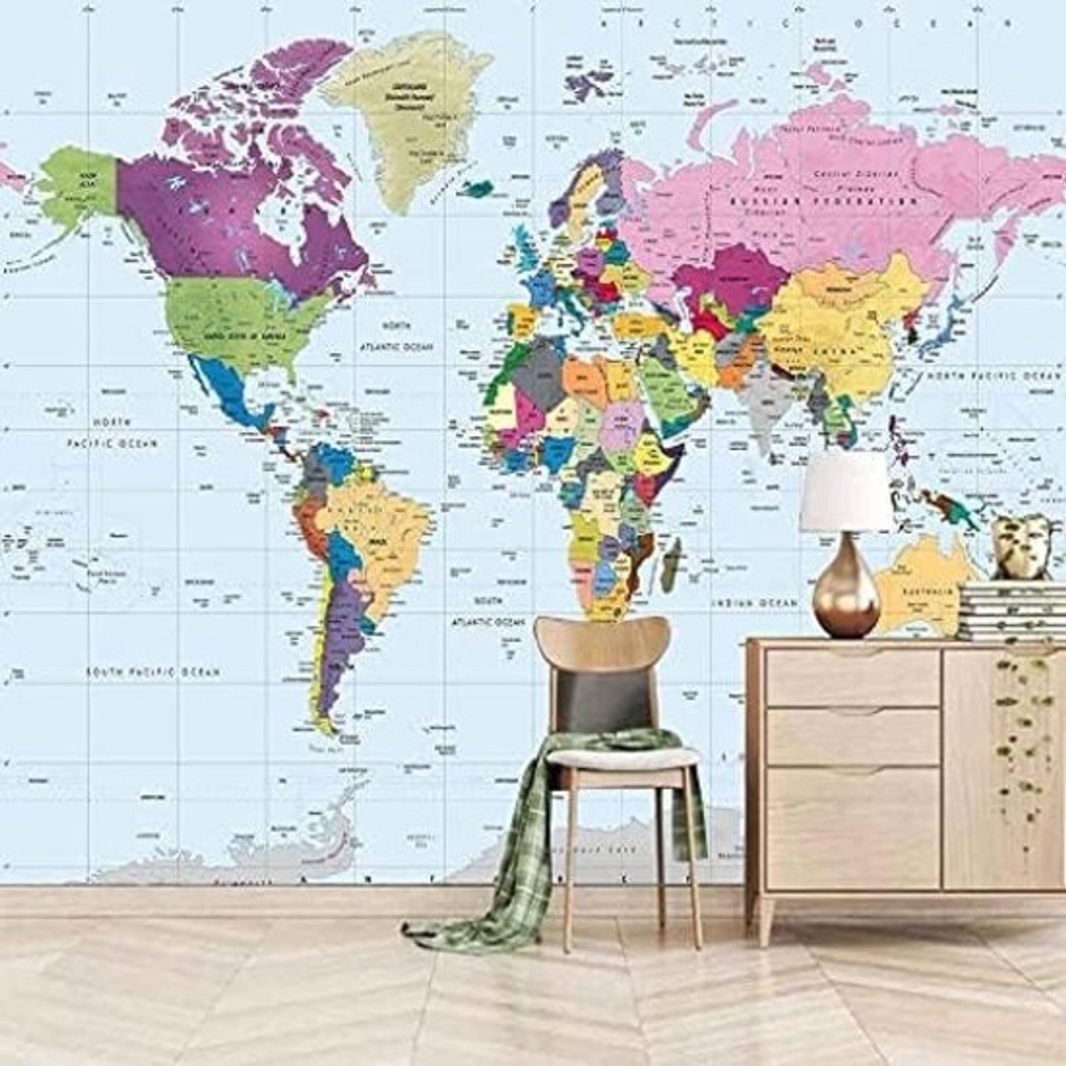 Wereldkaartposter - Kaart als muurdecoratie - Wanddecoratie voor de kamer - 3D-effect - 200cm x 140cm - Multicolor