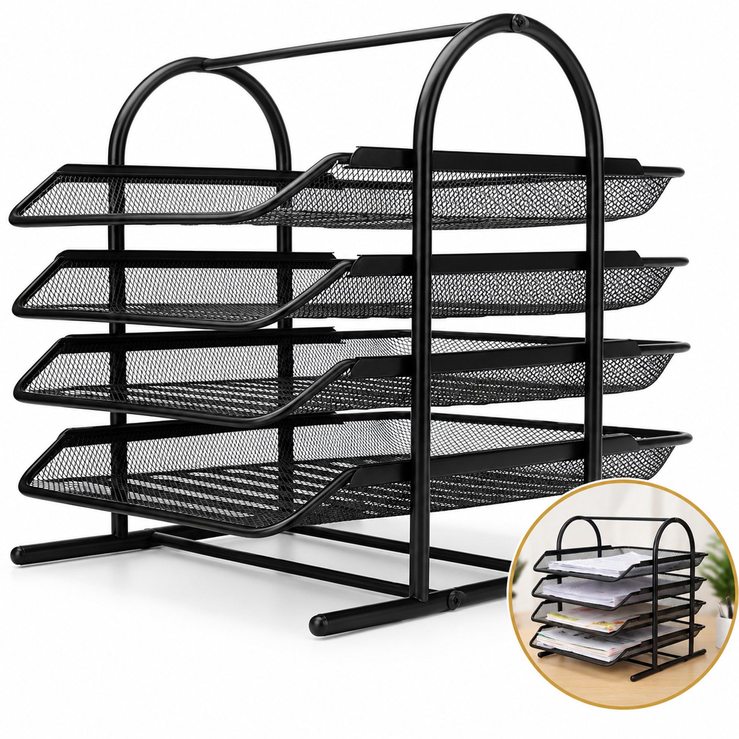 DIVERZA Brievenbak Bureau – 4-Laags Metalen Mesh Sorteerrek – Uitschuifbare Bakken – Documentenhouder A4 – 29 × 35 × 35 cm – Zwart