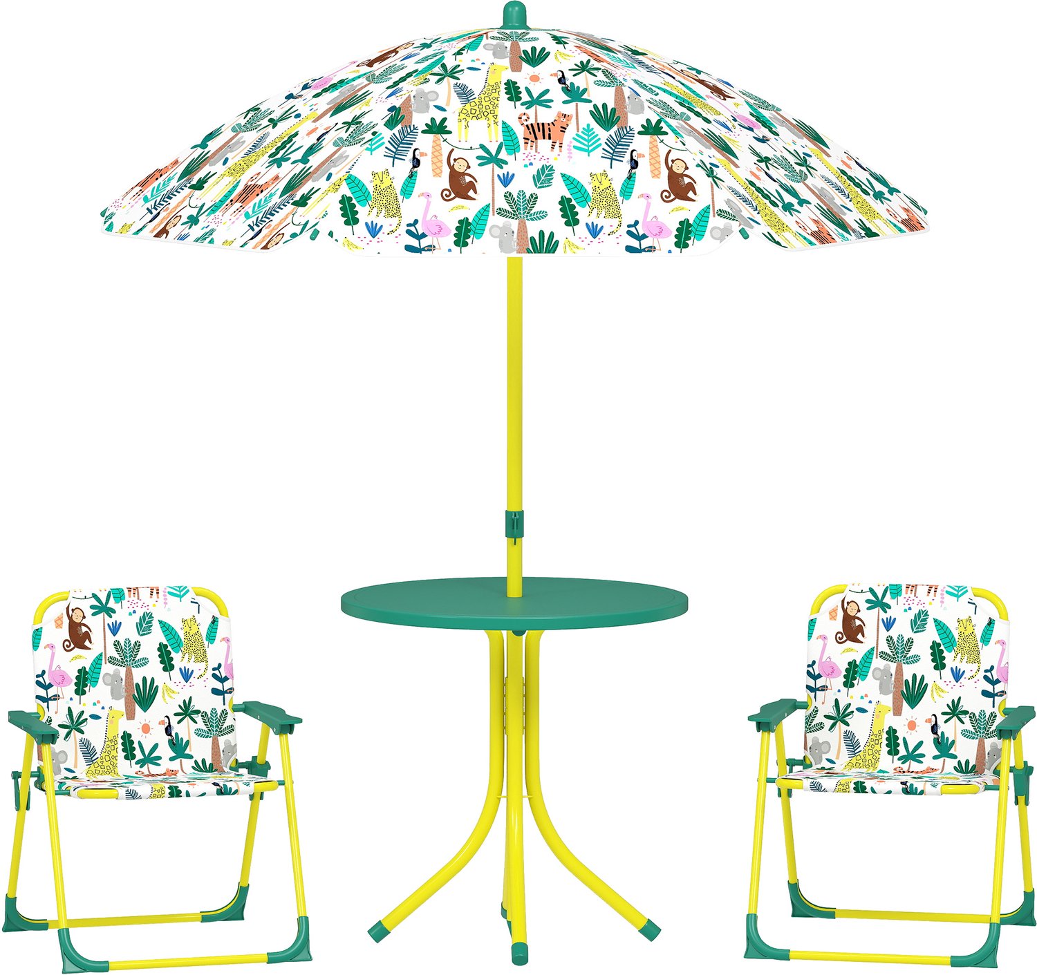 Playon Kindersitzgroep - 4-delig - Met parasol, tafel en 2 inklapbare stoelen - Dschungel-design - Ø49,5 x 50 cm - Groen