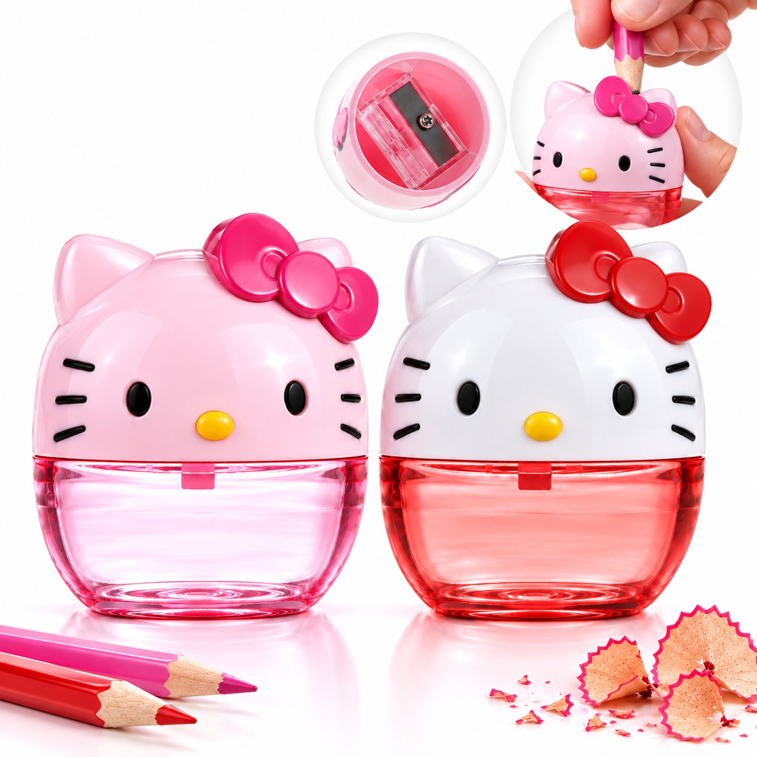 Hello Kitty Puntenslijper met Opvangbak - Potloodslijper - Slijper met Bakje - Set van 2 - Roze en Rood - Vanaf 6 Jaar