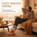 Man ontspant op een bank met grijze, verwarmde pantoffels in een knusse winteromgeving.