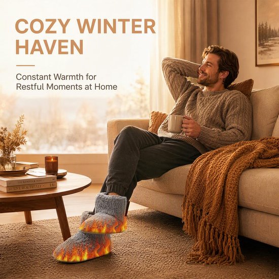 Man ontspant op een bank met grijze, verwarmde pantoffels in een knusse winteromgeving.