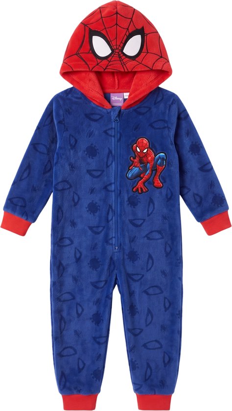 Blauwe Spider-Man onesie met rode capuchon, Spider-Man print en all-over maskerpatroon.